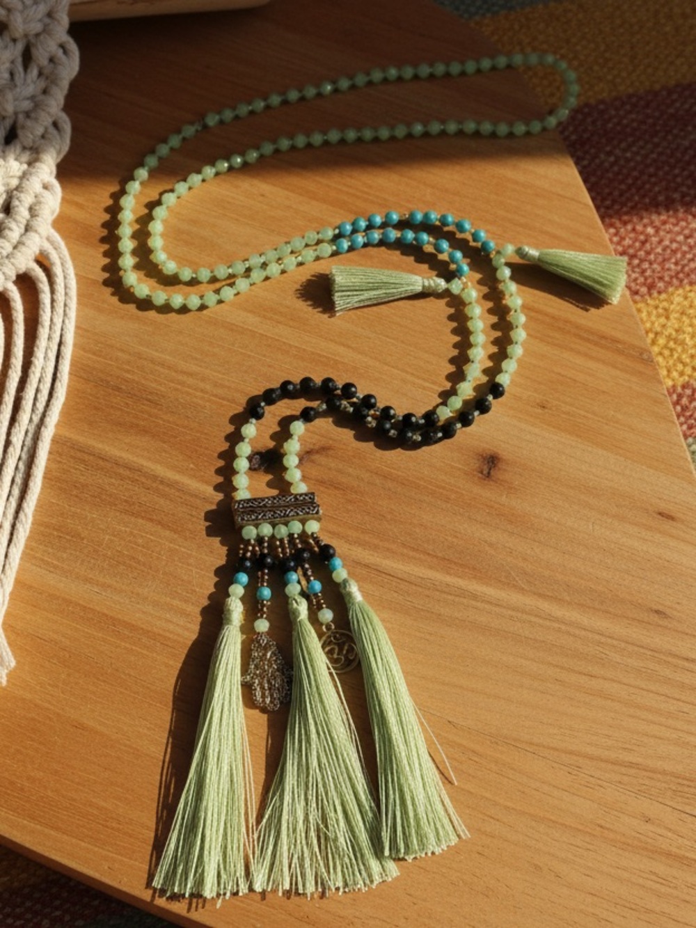 Chic Beaded Necklace with Green tassels, Om & Hamsa Charm 40” Long